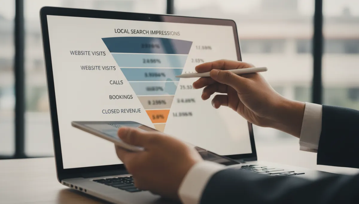 Analytics dashboard showing the local SEO funnel from impressions to revenue