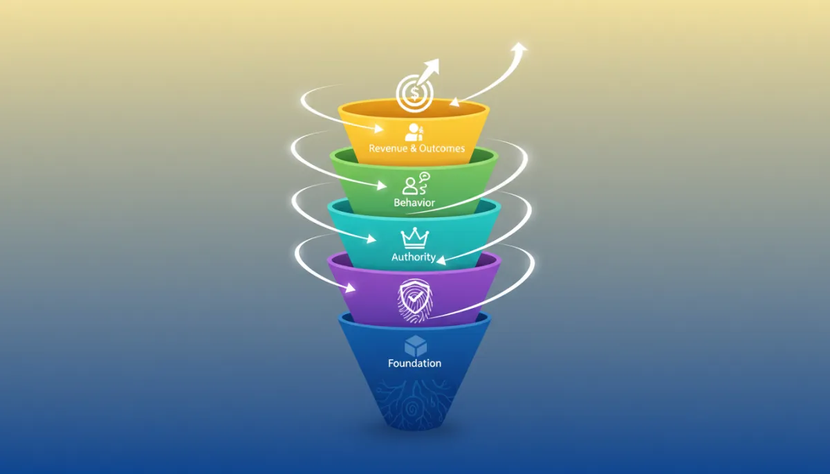 Layered funnel-style diagram illustrating the Local Maps Trust Stack from Foundation at the base up through Proof, Authority, Behavior, and Revenue & Outcomes, with icons for each layer and arrows showing how signals compound