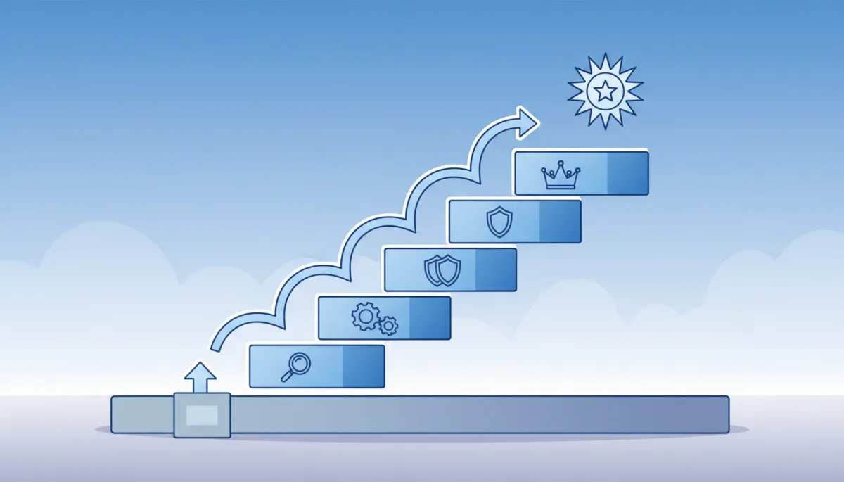 Stepwise staircase diagram showing five maturity levels from Listed at the bottom up to Dominant at the top, with brief labels for each stage and arrows indicating progression over time