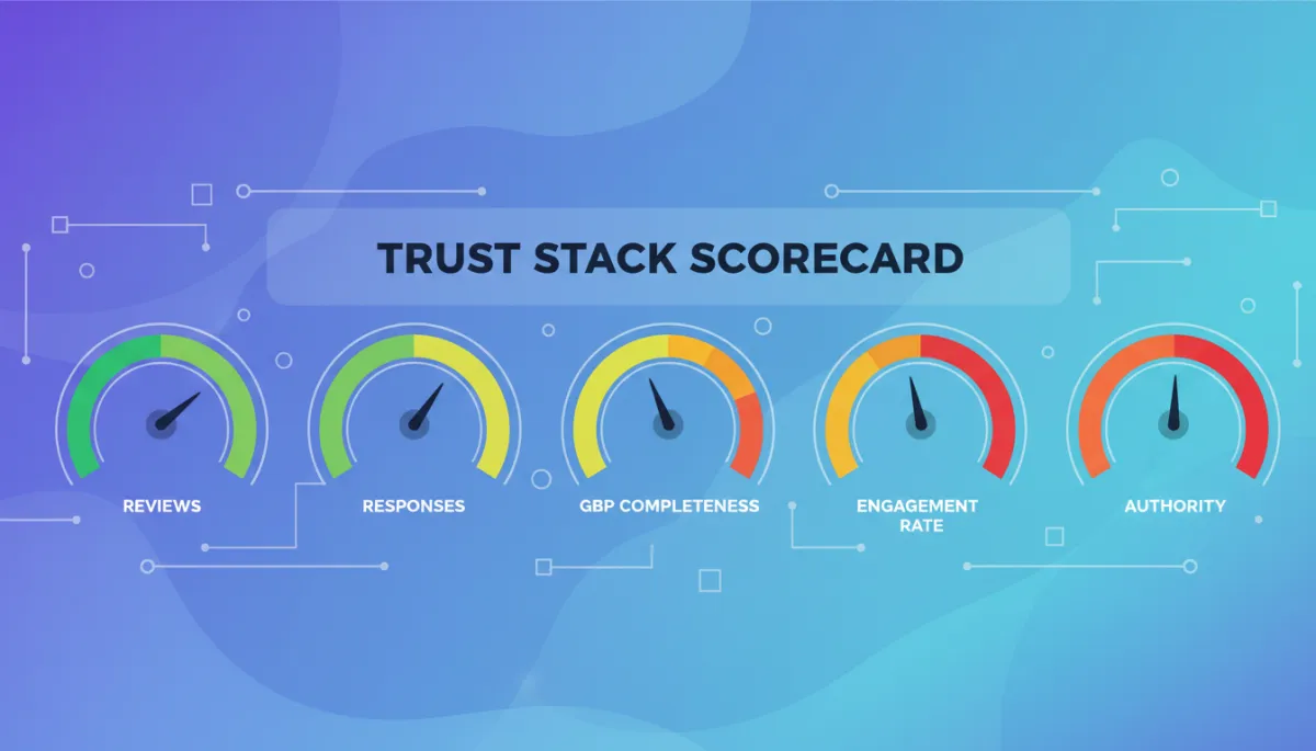 Dashboard-style visualization showing a Trust Stack Scorecard with gauges for reviews, responses, GBP completeness, engagement rate, and authority, color-coded from red to green