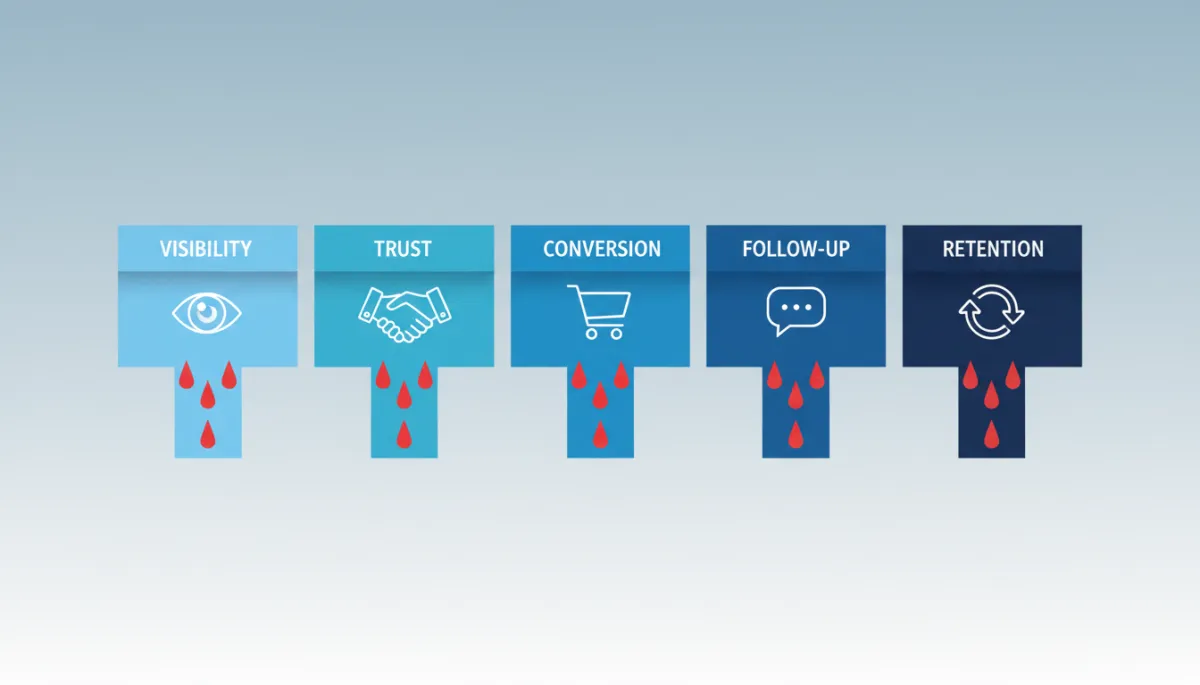 Horizontal funnel diagram with five stages labeled Visibility, Trust, Conversion, Follow-Up, and Retention, with red leak icons beneath weak stages