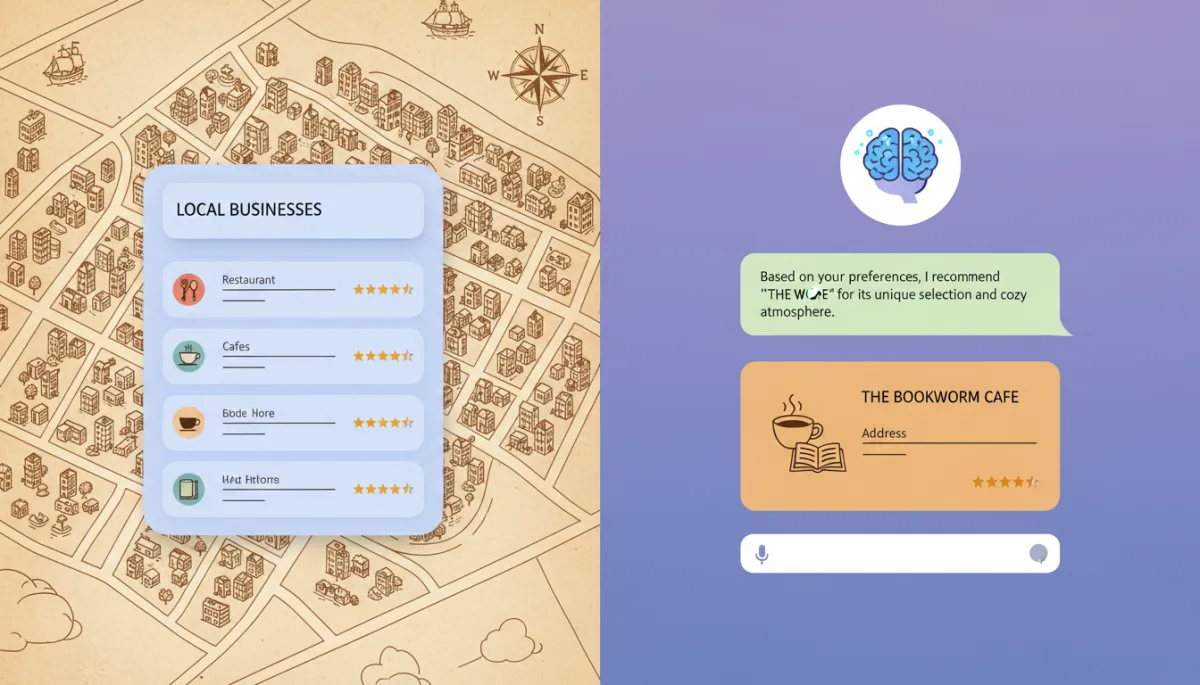Split-screen illustration showing a classic map results list on one side and an AI conversational assistant recommending a single local business on the other