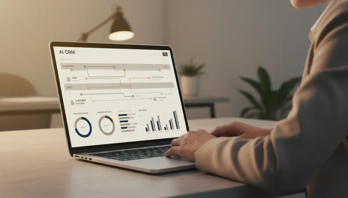 Business professional reviewing AI CRM automation and revenue performance dashboard Business professional reviewing AI CRM automation and revenue performance dashboard