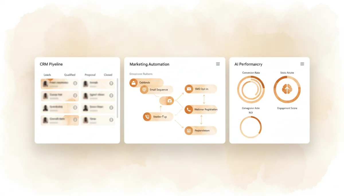 GoHighLevel-style dashboard with CRM pipeline, workflows, and AI summaries
