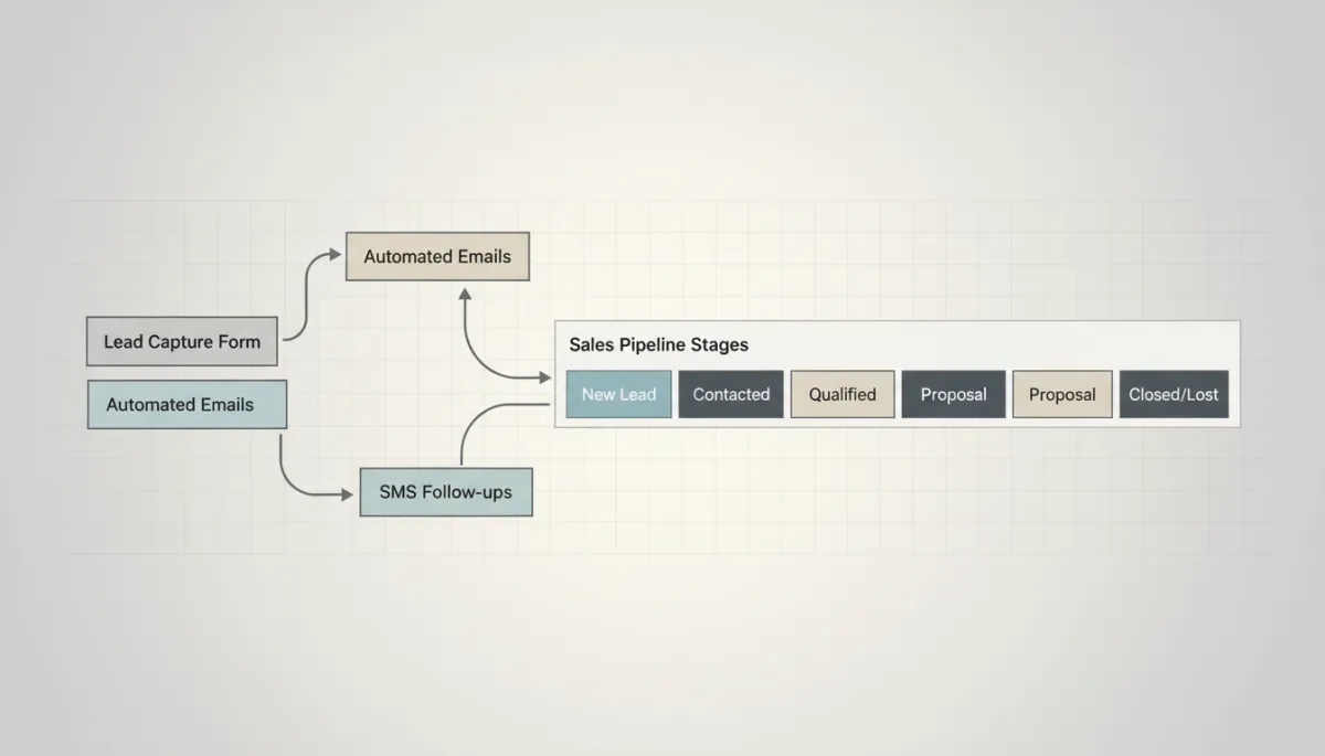 professional neutral‑toned screenshot‑style illustration of a GoHighLevel style workflow canvas connecting lead capture forms, automated emails, SMS follow‑ups and sales pipeline stages professional neutral‑toned screenshot‑style illustration of a GoHighLevel style workflow canvas connecting lead capture forms, automated emails, SMS follow‑ups and sales pipeline stages