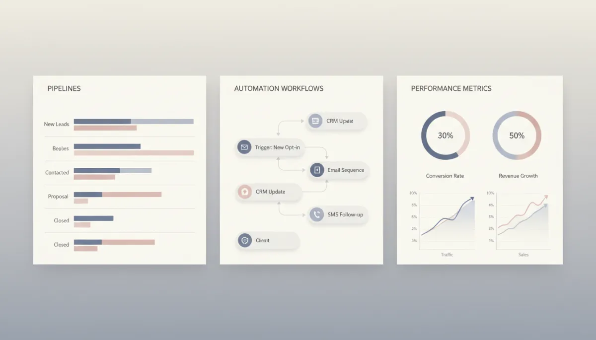 Professional dashboard view of GoHighLevel pipelines and automation workflows Professional dashboard view of GoHighLevel pipelines and automation workflows