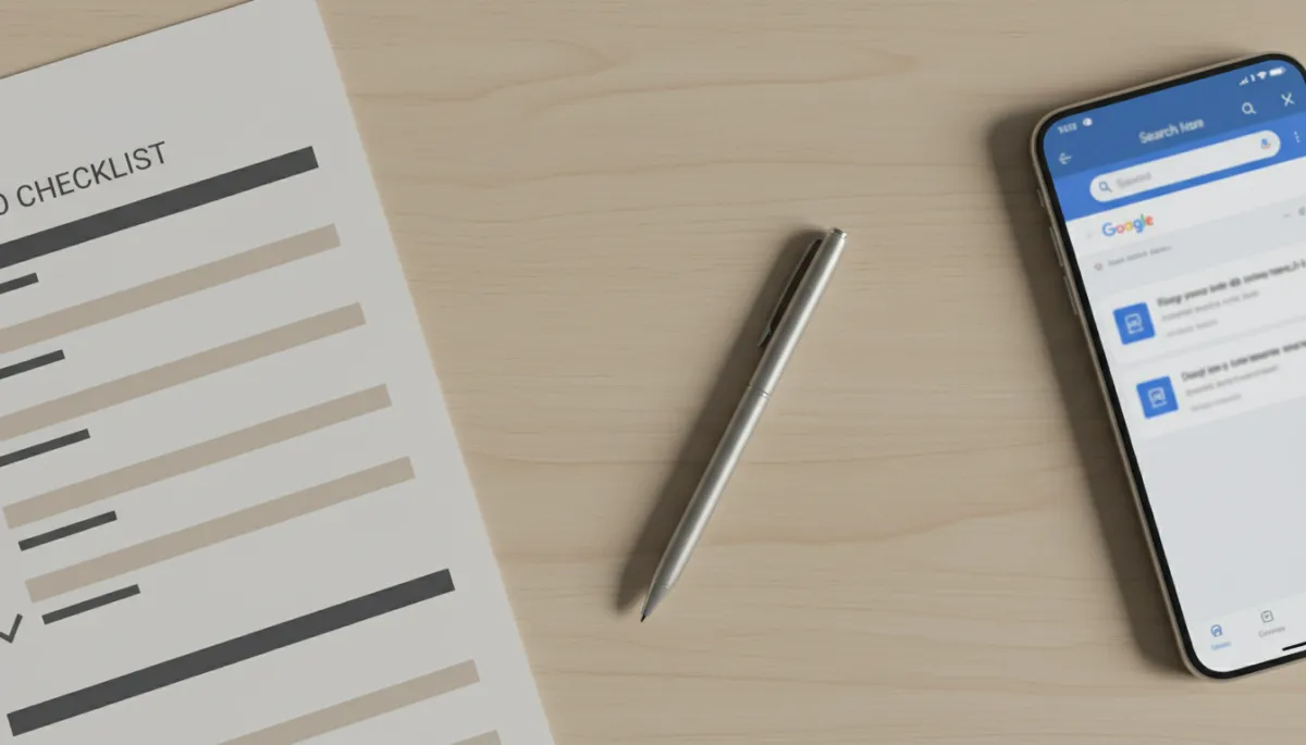 professional neutral-toned flat lay showing printed SEO checklist, smartphone with Google search results, and pen on a tidy desk professional neutral-toned flat lay showing printed SEO checklist, smartphone with Google search results, and pen on a tidy desk