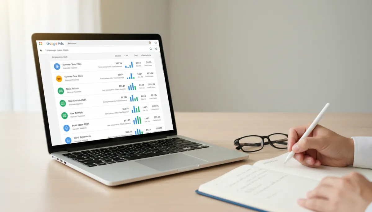 Structured Google Ads campaigns with performance metrics on a laptop screen