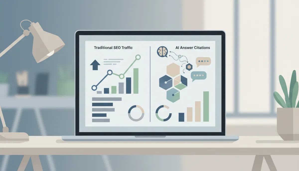 Dashboard comparing traditional SEO metrics with AI answer citation performance