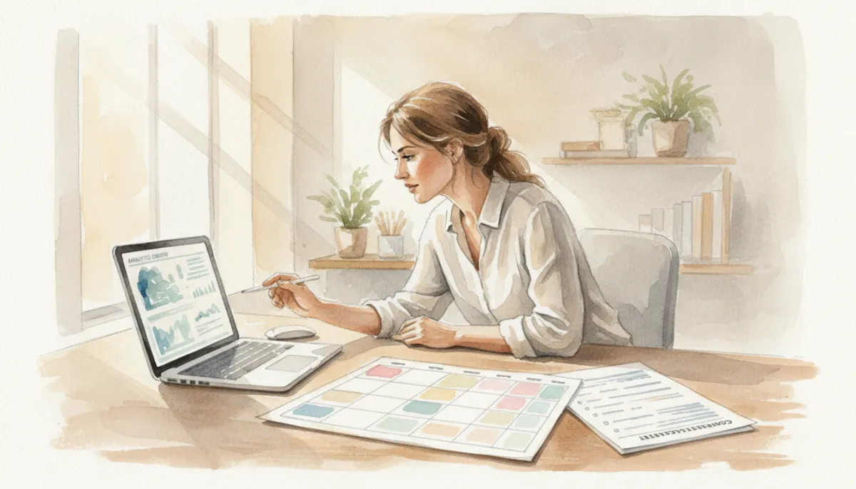 professional neutral-toned workspace with content strategist reviewing analytics on laptop, printed content calendar and governance checklist on desk, soft natural light