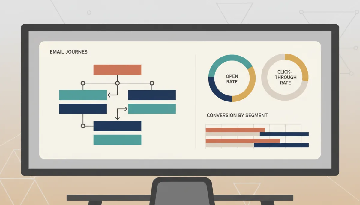 Dashboard showing segmented email journeys and performance metrics in a professional office Dashboard showing segmented email journeys and performance metrics in a professional office