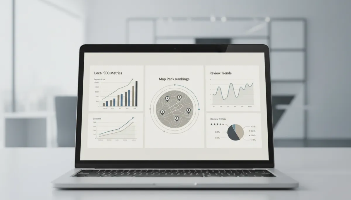 Professional dashboard showing local SEO metrics and map rankings