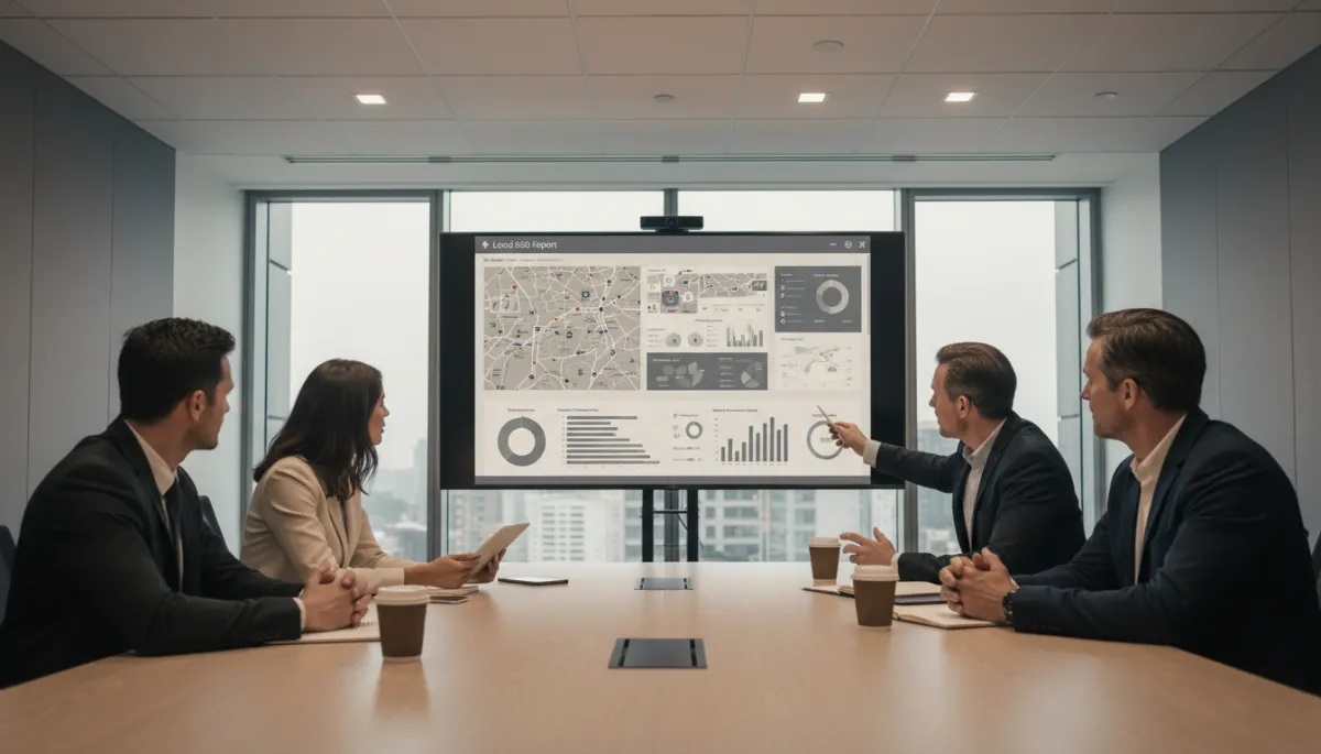 Marketing team reviewing local SEO performance reports in a meeting