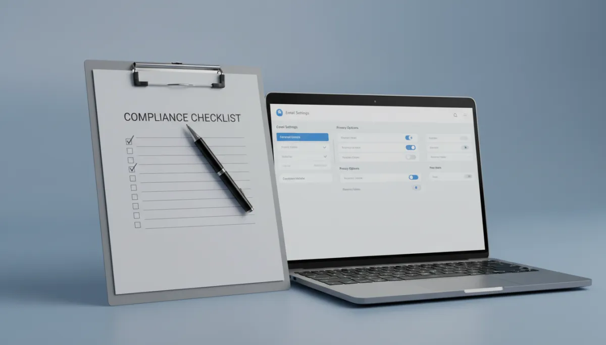 Compliance checklist beside a laptop with email privacy settings