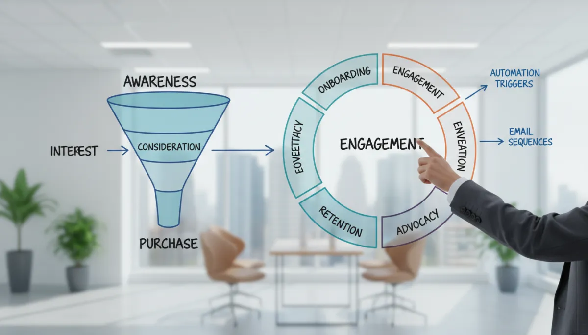 Strategist mapping marketing automation stages on a whiteboard