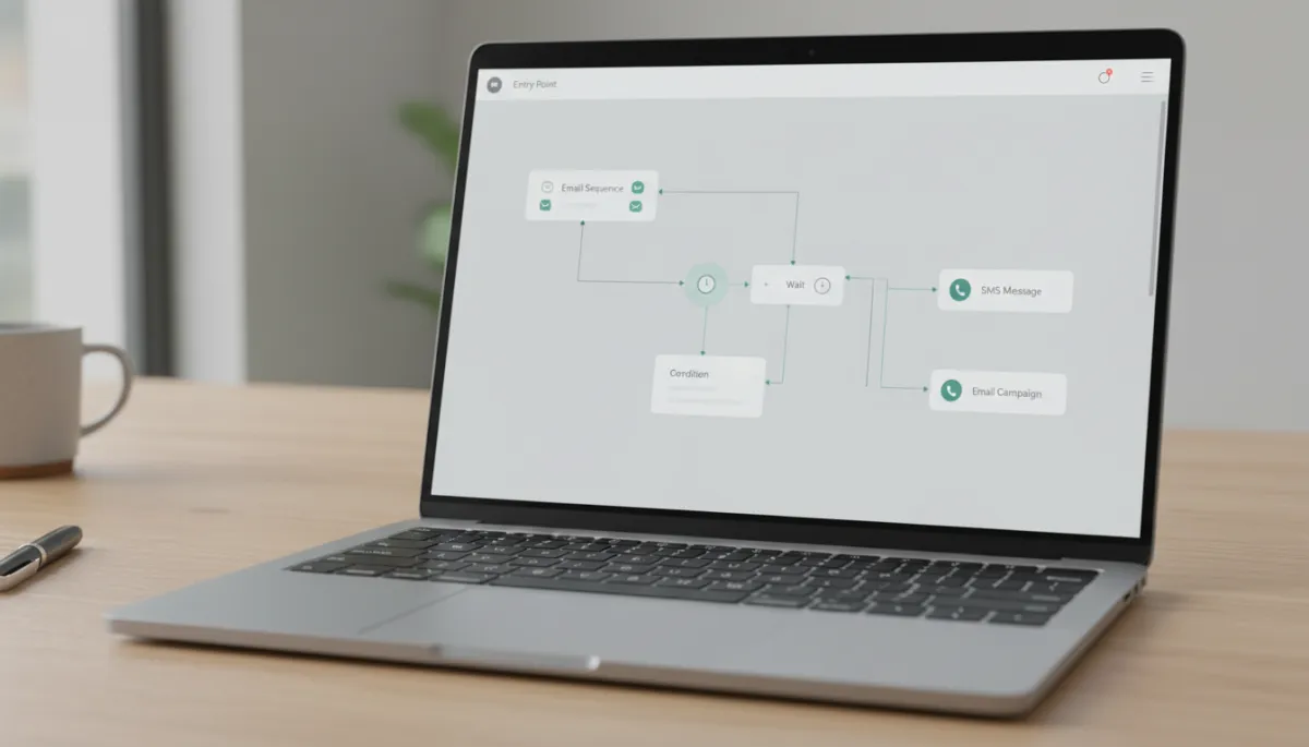 Laptop displaying a visual marketing automation workflow builder