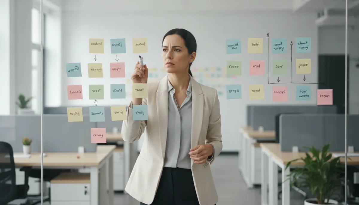 Marketer mapping content strategy on a glass wall with sticky notes