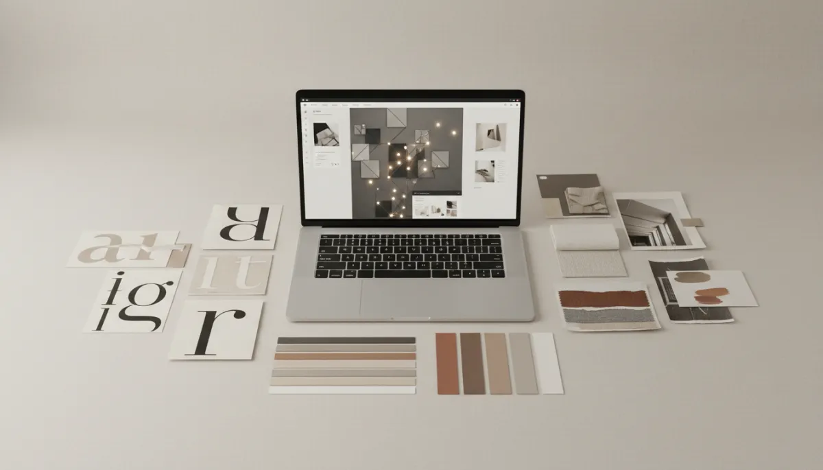 Laptop with AI design tool surrounded by brand mood boards and swatches