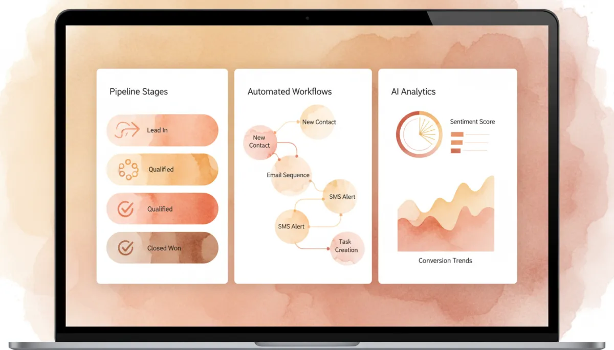 professional neutral-style dashboard close-up showing GoHighLevel pipeline stages, automated workflows, and AI analytics panels on a laptop screen professional neutral-style dashboard close-up showing GoHighLevel pipeline stages, automated workflows, and AI analytics panels on a laptop screen