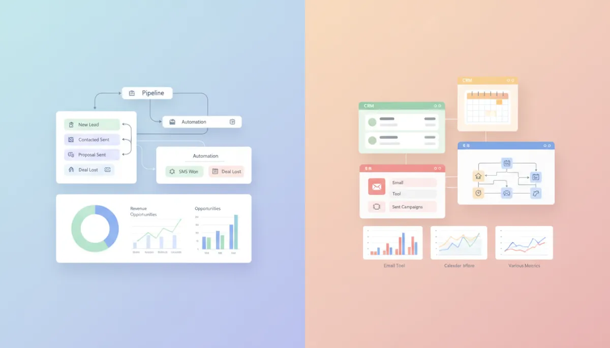 Dashboard illustrating unified GoHighLevel workflows compared to a fragmented CRM tech stack