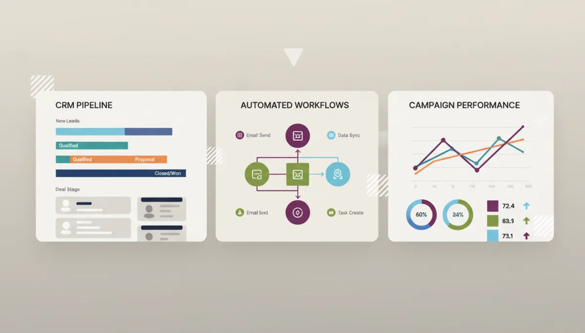professional neutral-toned dashboard mockup showing CRM pipeline, automated workflows, and campaign performance metrics side by side
