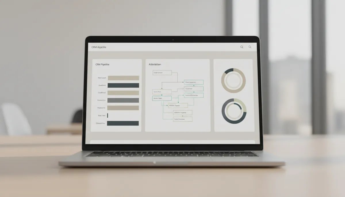 Laptop on desk displaying CRM pipeline and marketing automation analytics dashboards Laptop on desk displaying CRM pipeline and marketing automation analytics dashboards