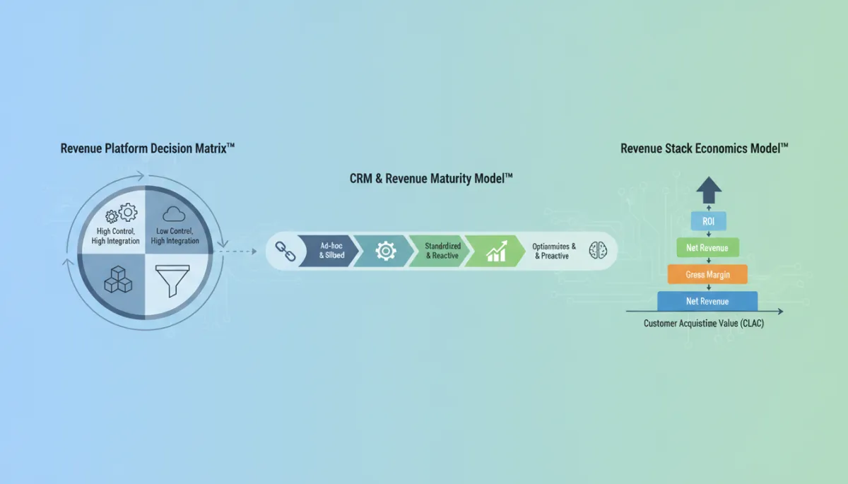 Add diagrams or infographics to visually represent the Revenue Platform Decision Matrix™, CRM & Revenue Maturity Model™, and Revenue Stack Economics Model™ for better understanding.. Context: This is for a blog post about "GoHighLevel vs HubSpot: Which CRM Makes More Operational Sense in 2026?". Style: Professional quality, photorealistic, high resolution