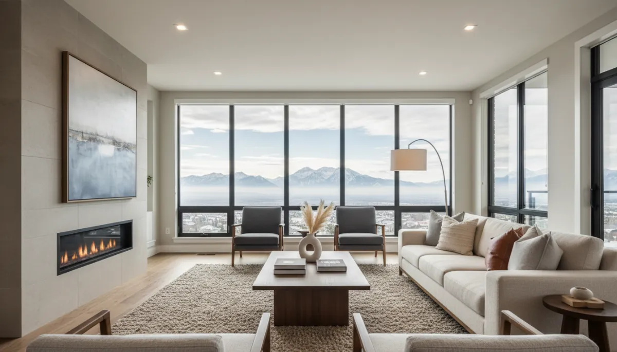 Modern neutral-toned Calgary living room staged for home buyers Modern neutral-toned Calgary living room staged for home buyers
