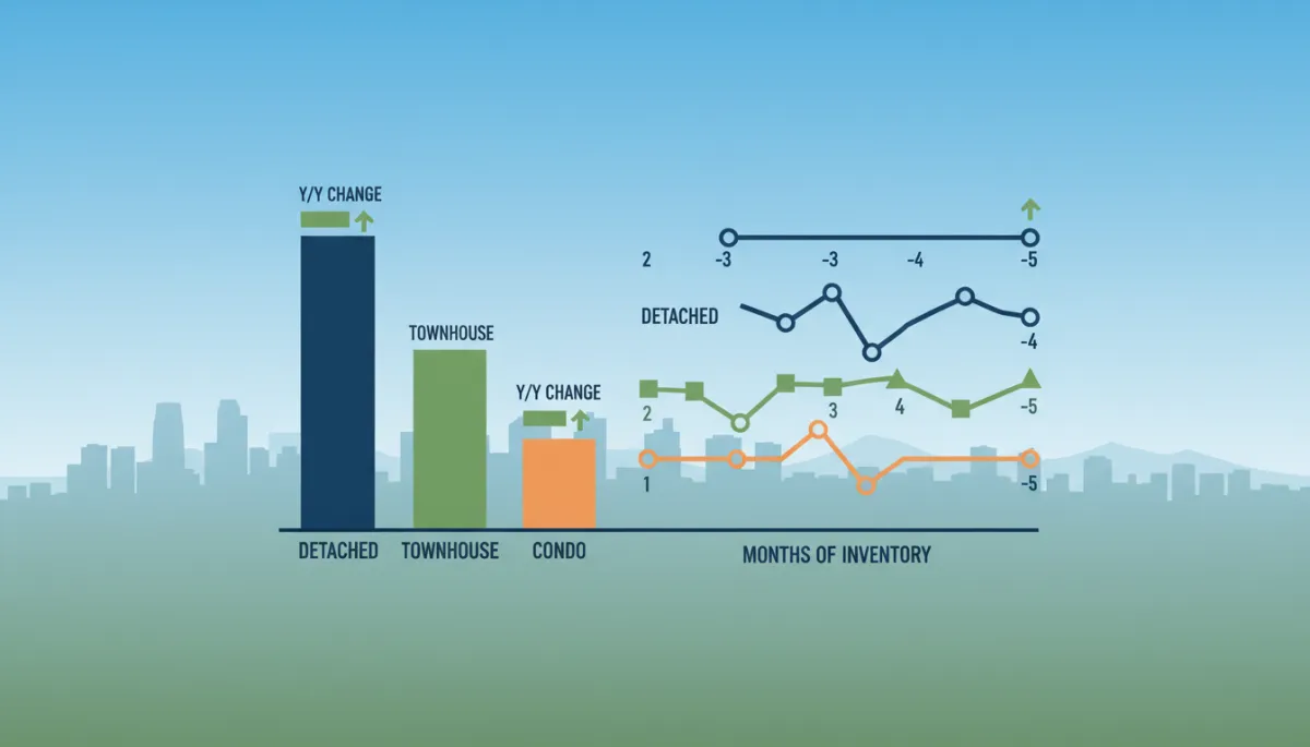 Clean infographic-style bar and line chart comparing detached, townhouse, and condo benchmark prices and year-over-year changes in Calgary mid-2026, with separate line showing months of inventory for each segment Clean infographic-style bar and line chart comparing detached, townhouse, and condo benchmark prices and year-over-year changes in Calgary mid-2026, with separate line showing months of inventory for each segment