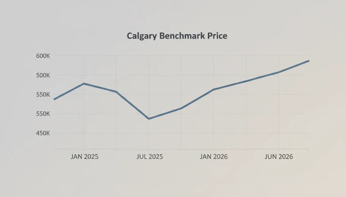 Simple line chart showing Calgary benchmark price trend from January 2025 to June 2026 with gentle dip then stabilization, neutral colours and clear labels Simple line chart showing Calgary benchmark price trend from January 2025 to June 2026 with gentle dip then stabilization, neutral colours and clear labels