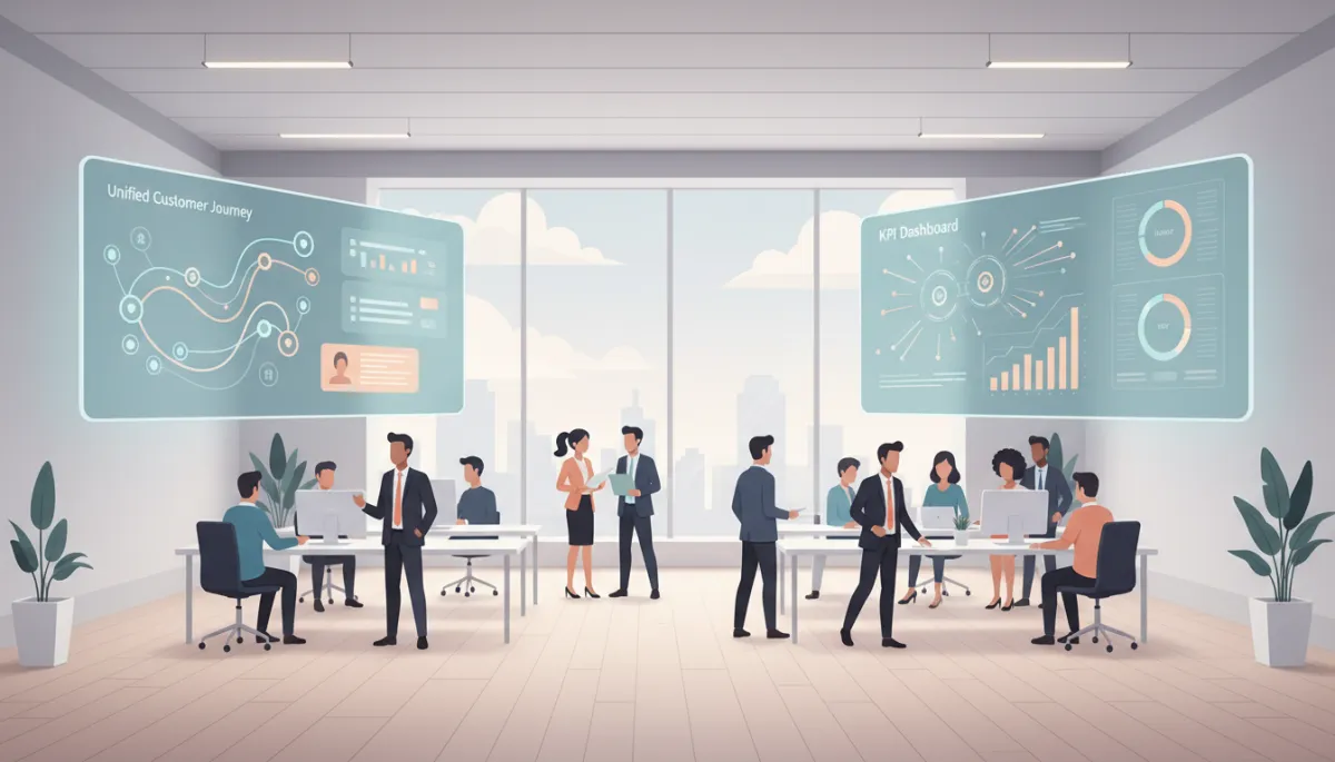 professional neutral-toned open office with CX and data teams collaborating around screens showing unified customer journeys, AI orchestration flows and KPI dashboards professional neutral-toned open office with CX and data teams collaborating around screens showing unified customer journeys, AI orchestration flows and KPI dashboards