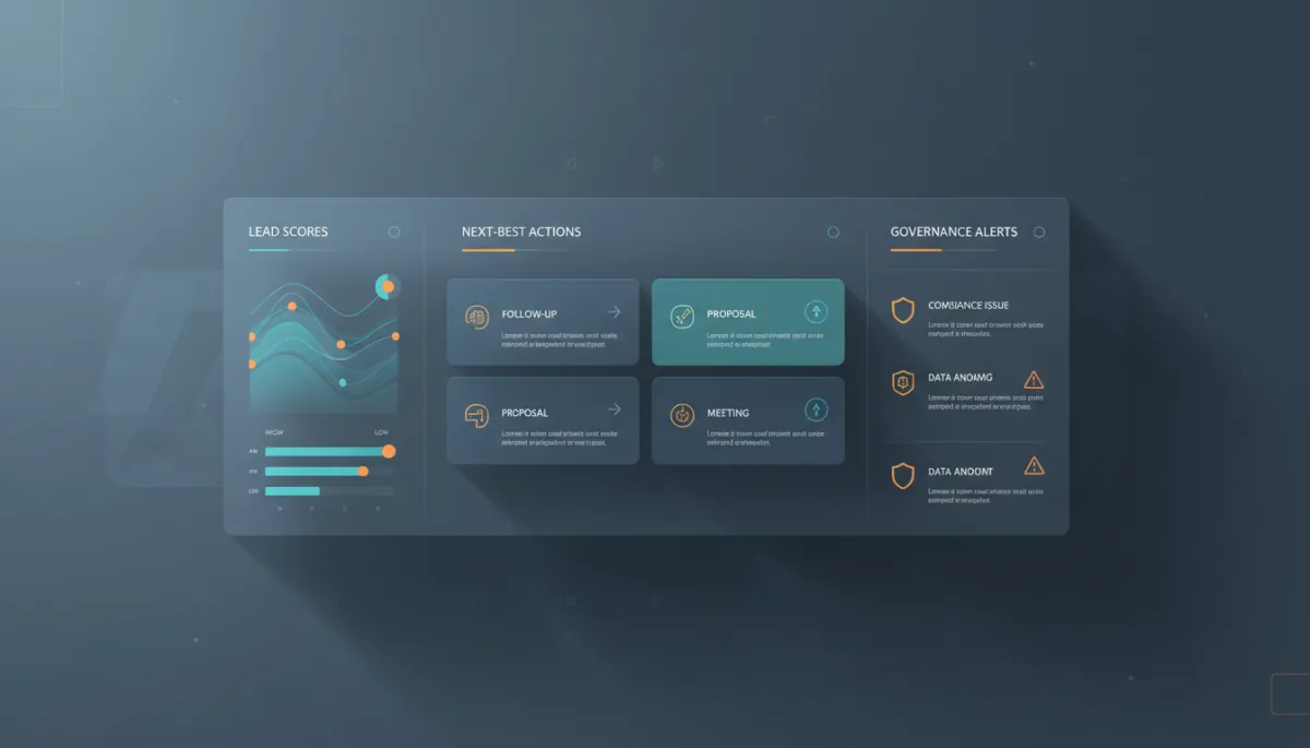 professional neutral-style dashboard view of an AI-enabled CRM pipeline, showing lead scores, next-best actions, and governance alerts in a clean interface