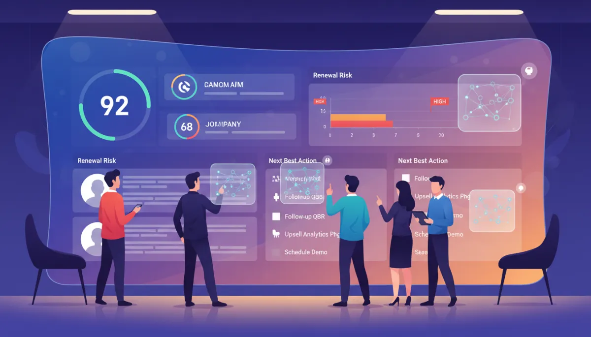 Modern B2B revenue operations team collaborating around a large CRM dashboard wall, showing lead scores, renewal risk, and next-best-action recommendations in real time, with AI assistant cards overlaid on contact records Modern B2B revenue operations team collaborating around a large CRM dashboard wall, showing lead scores, renewal risk, and next-best-action recommendations in real time, with AI assistant cards overlaid on contact records