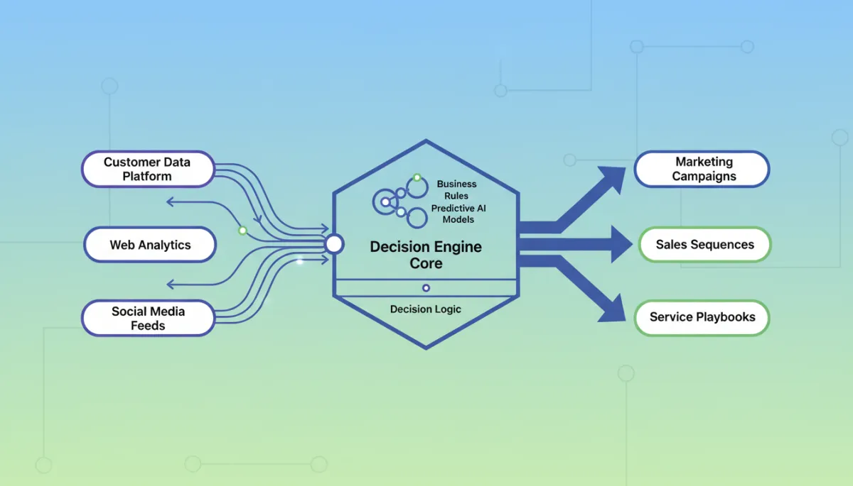 Flowchart-style visualization of a CRM decision engine, showing data sources feeding into rules and AI models, which then power campaigns, sales sequences, and service playbooks Flowchart-style visualization of a CRM decision engine, showing data sources feeding into rules and AI models, which then power campaigns, sales sequences, and service playbooks