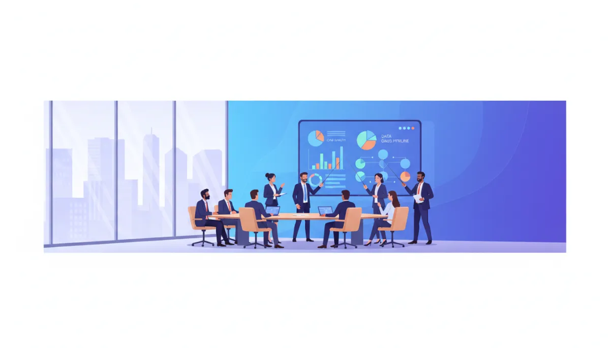Executive RevOps steering committee meeting in a modern boardroom, reviewing CRM governance dashboards on a large screen Executive RevOps steering committee meeting in a modern boardroom, reviewing CRM governance dashboards on a large screen