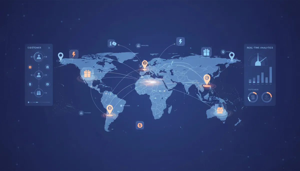 Map-based CRM interface showing geo-personalized offers and AI agents coordinating between branches, partners, and customers in real time Map-based CRM interface showing geo-personalized offers and AI agents coordinating between branches, partners, and customers in real time