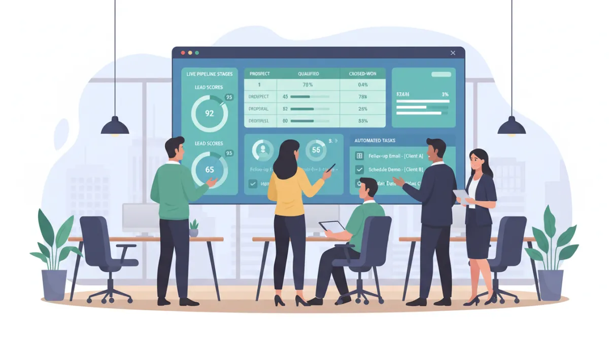 Revenue team collaborating around a large screen showing an AI-driven CRM dashboard with live pipeline stages, lead scores, and automated tasks, modern SaaS office setting
