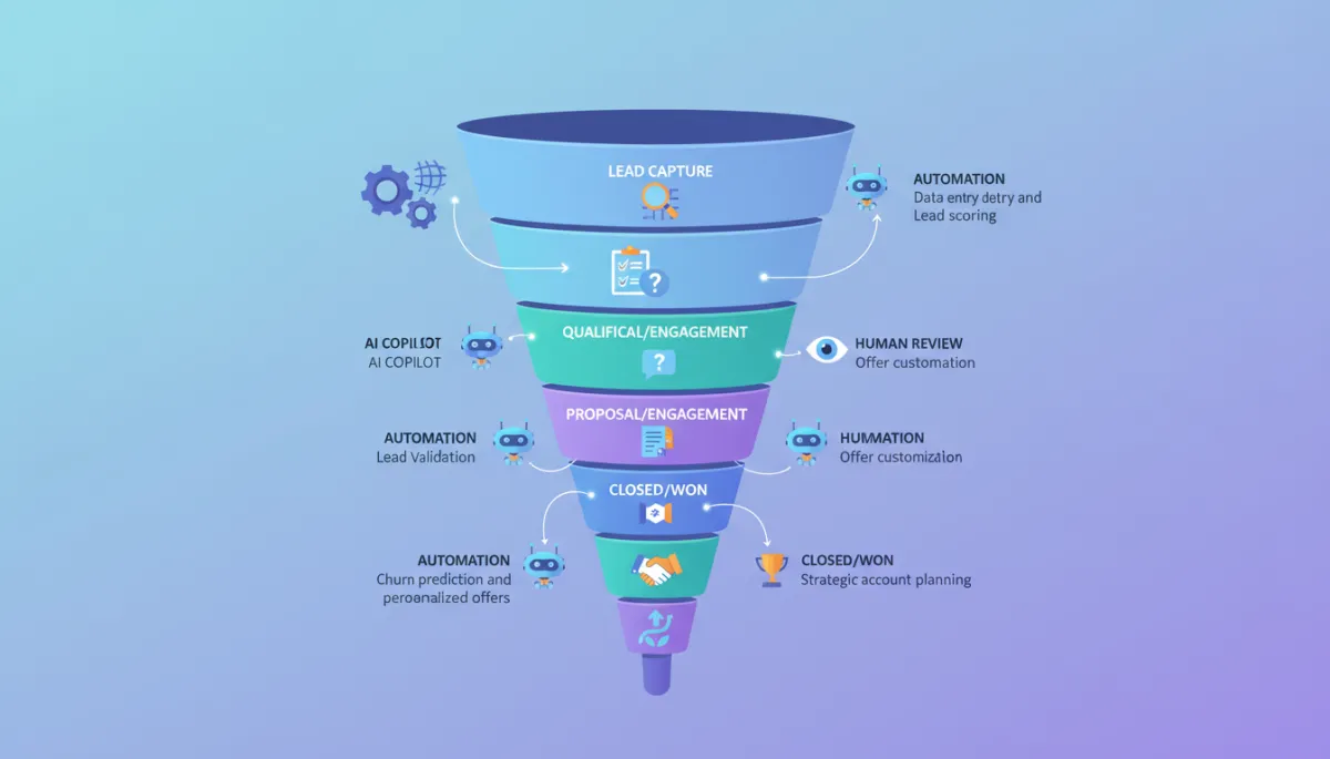 Vertical funnel diagram showing AI copilot touchpoints at each CRM stage from lead capture to renewal, annotated with automation and human review checkpoints