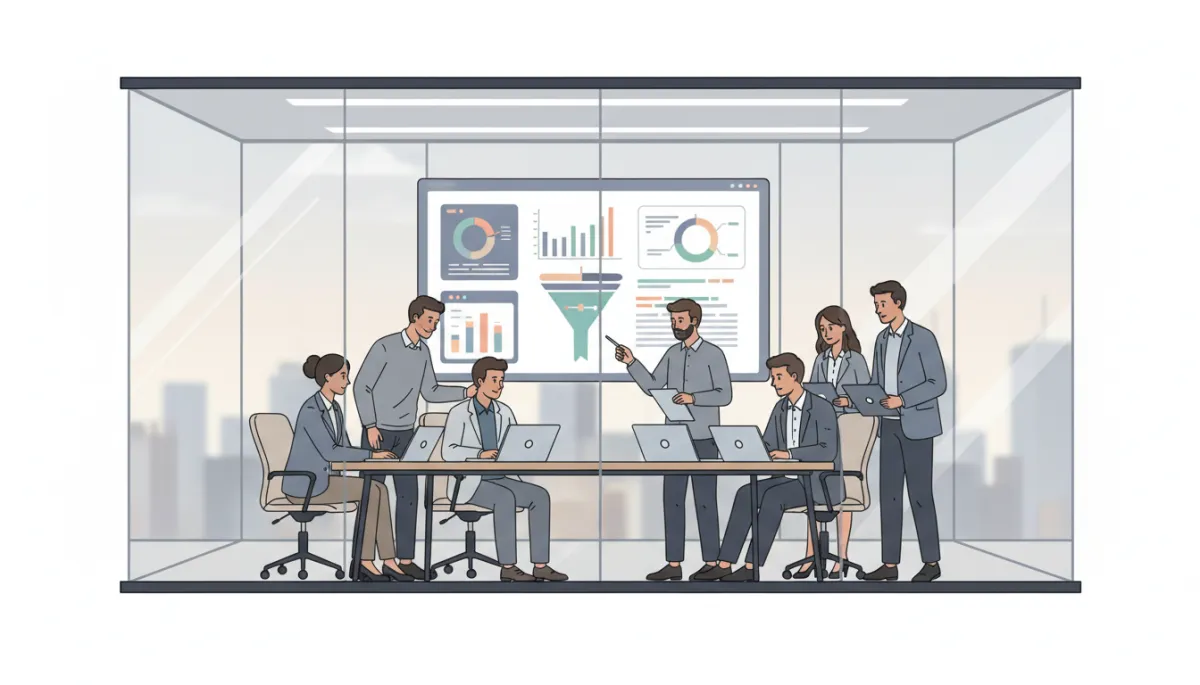 professional neutral-toned modern marketing team in a glass office reviewing dashboards on laptops and a wall screen showing AI-driven CRM analytics and lead funnels