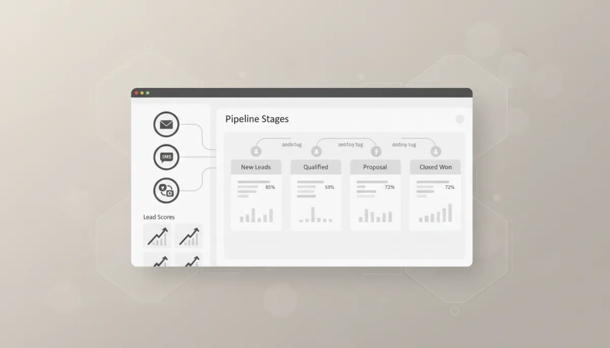 professional neutral-toned dashboard view of AI CRM integrated with email SMS and social channels showing lead scores and pipeline stages
