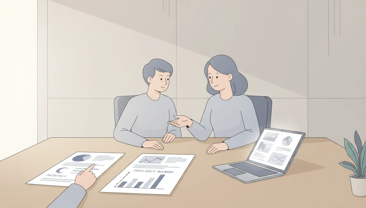 Business owner and marketing consultant comparing monthly and project-based SEO proposals