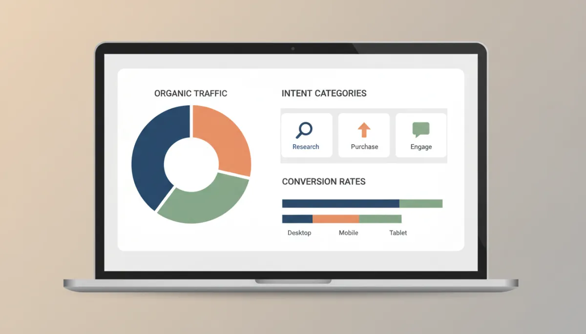 Close-up of professional analytics dashboard showing organic search intent segments and conversion metrics