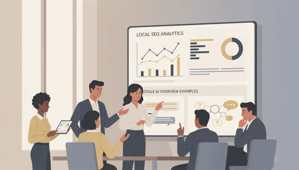 professional neutral-toned marketing team reviewing local SEO analytics and Google AI Overview examples on large screen in modern office boardroom