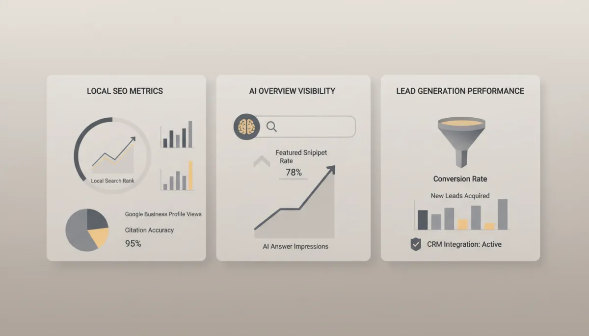professional neutral-toned dashboard view showing local SEO metrics, AI Overview visibility, and lead generation performance side by side