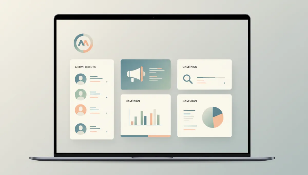 Branded CRM dashboard displaying client management and campaign metrics