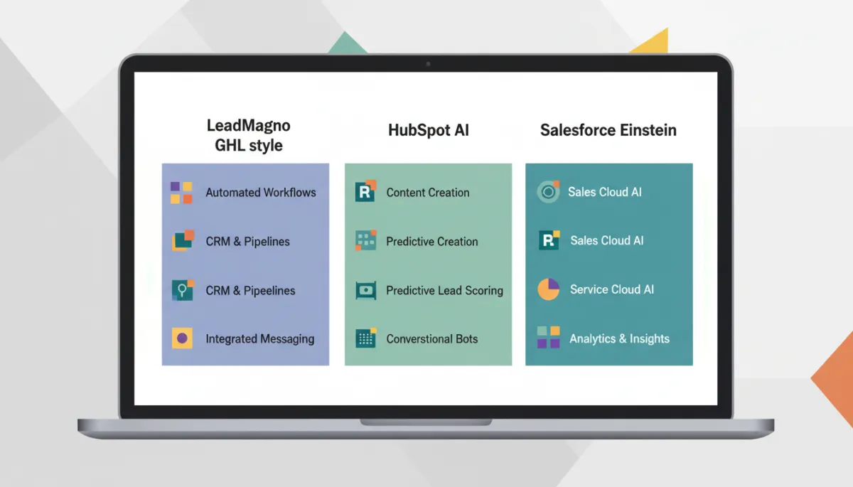 Side-by-side comparison of LeadMagno HubSpot AI and Salesforce Einstein on a laptop screen Side-by-side comparison of LeadMagno HubSpot AI and Salesforce Einstein on a laptop screen