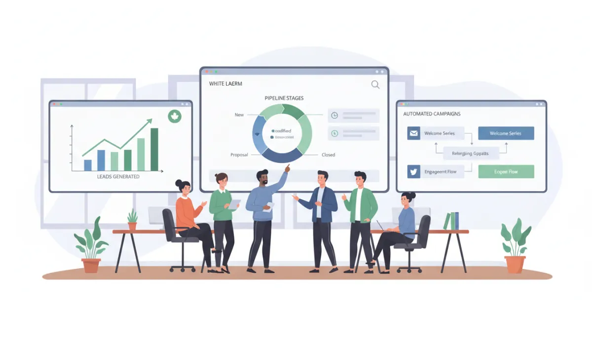 Canadian marketing agency team reviewing a white label CRM dashboard on large screens in a modern office, charts showing leads, pipeline stages, and automated campaigns running