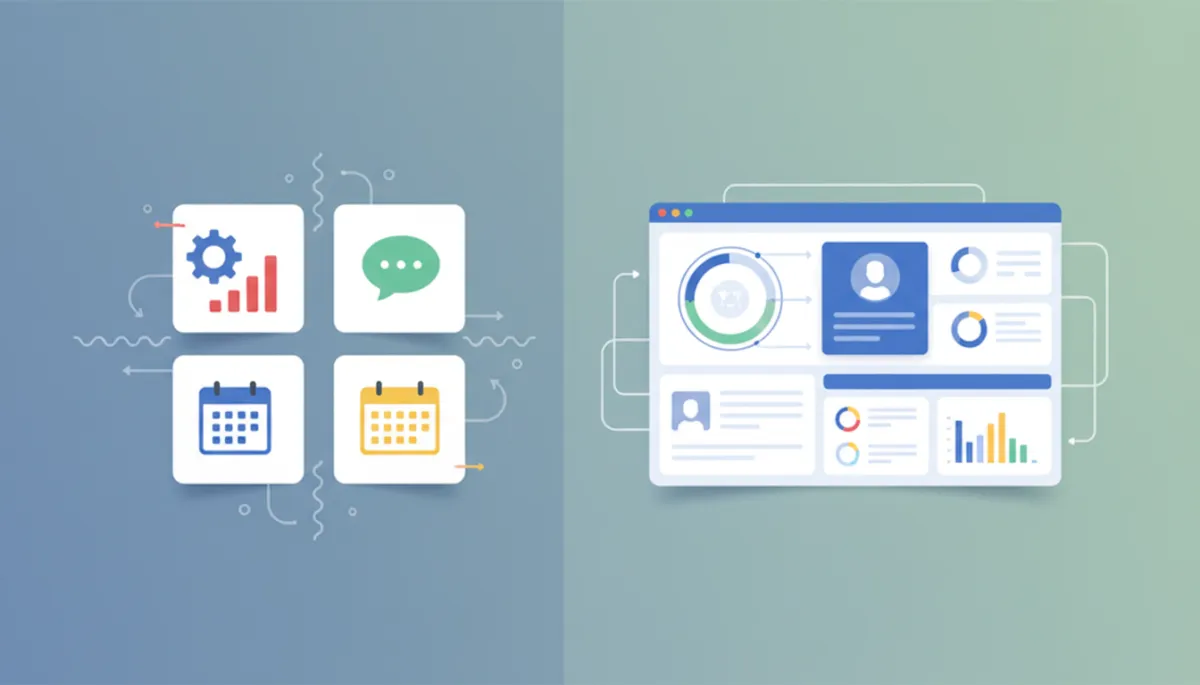 Side-by-side comparison of multiple disconnected apps on one side and a single unified CRM dashboard on the other, clean infographic style