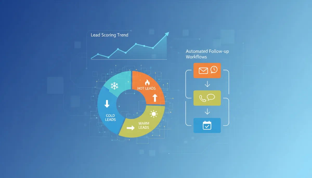 CRM dashboard showing AI-powered lead scoring and automated follow-up workflows, with labels for hot, warm, and cold leads