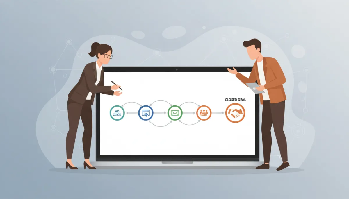 Business owner and marketing consultant reviewing a contact's full journey timeline on a laptop screen, from first ad click to closed deal